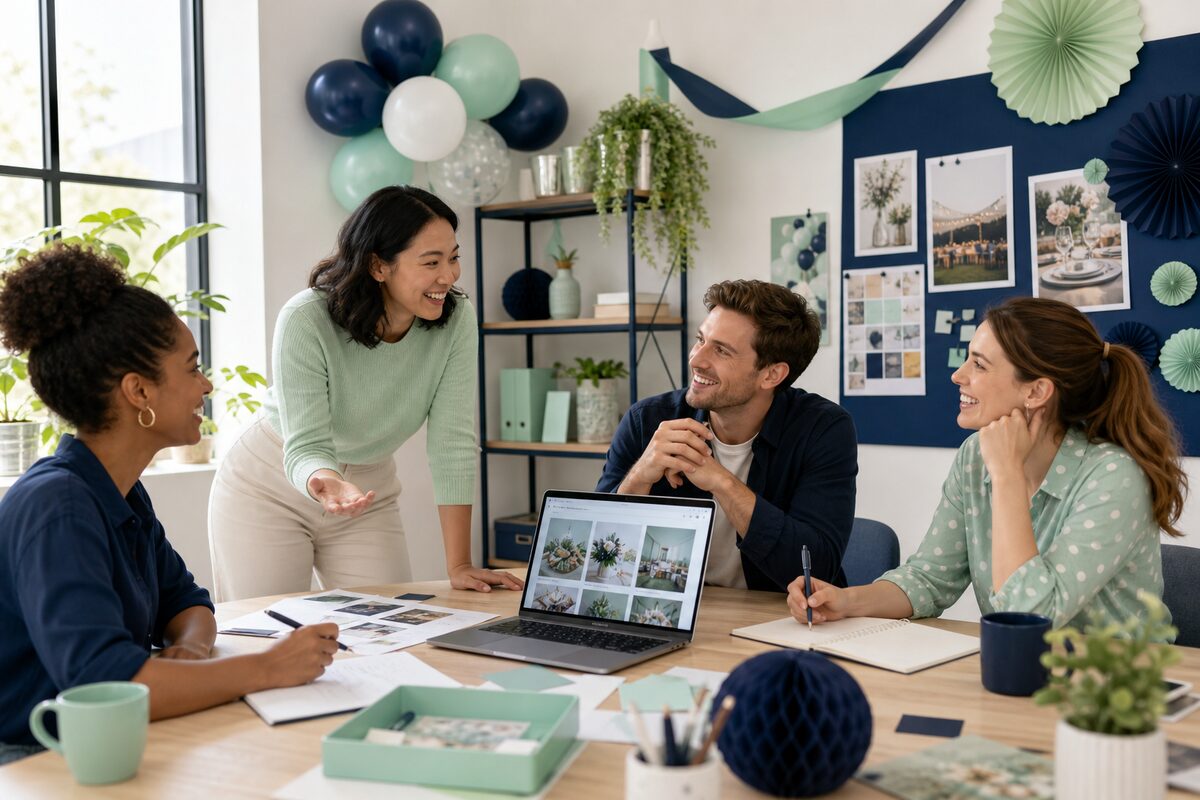 A cheerful team planning an event with a laptop and decorations on a bright desk